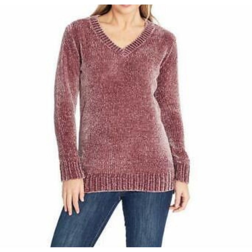 Orvis Womens Chenille V Neck Long Sleeve Pullover Sweater L Dusty Rose